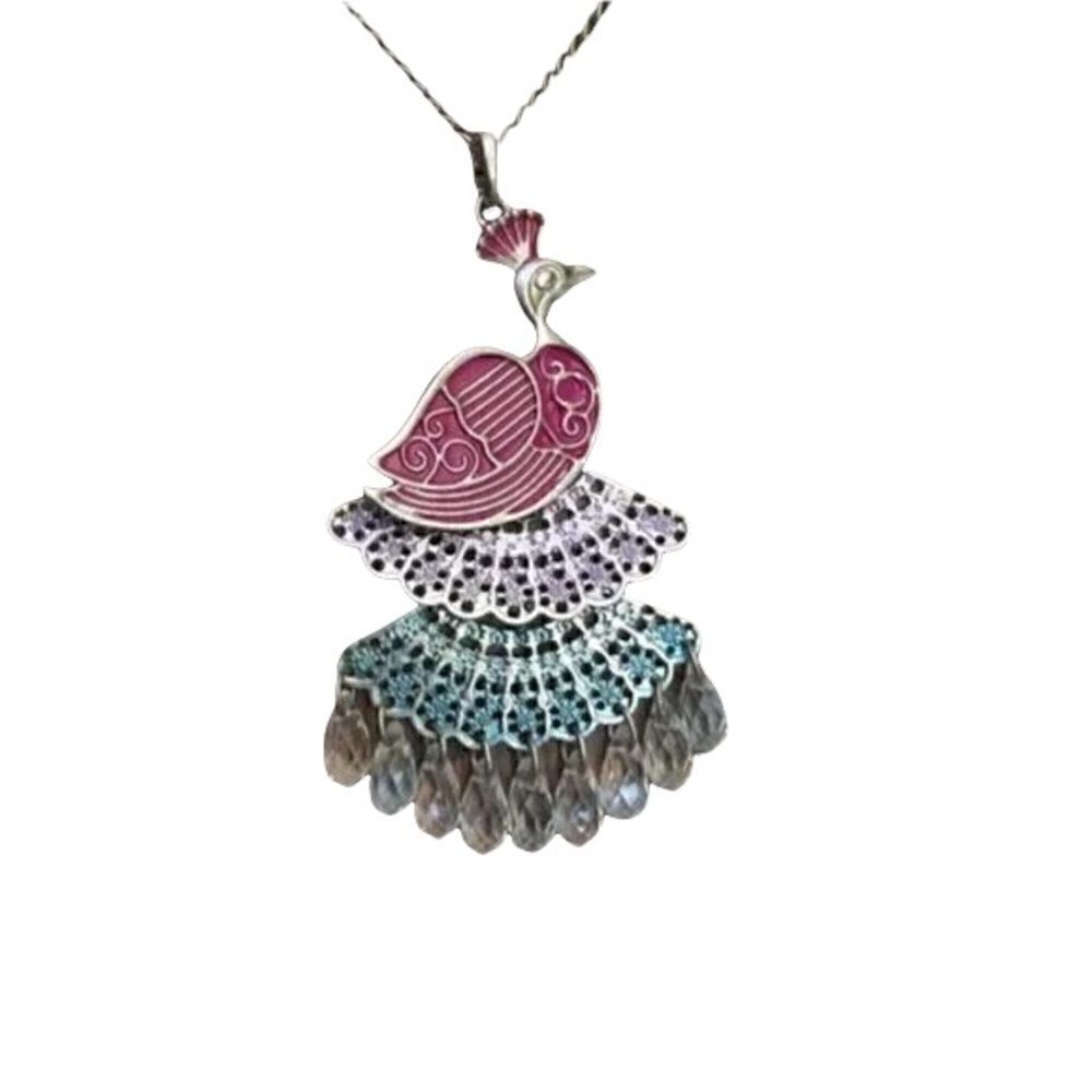 Peacock Necklace Pink Blue with Beads Extra Long